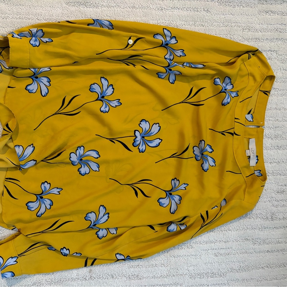LOFT Mustard Blouse with Blue Floral Design